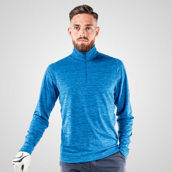 Model wearing Galvin Green Men's Dixon Blue Golf Sweater Front View