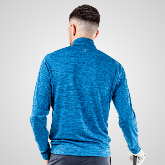 Model wearing Galvin Green Men's Dixon Blue Golf Sweater Back View