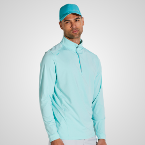 Model wearing PING Men's Latham 1/4 Zip Blue Golf Midlayer Front View
