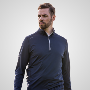 Model wearing PING Men's Latham 1/4 Zip Navy Golf Midlayer Front View