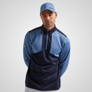 Model wearing PING Men's Keon 1/4 Zip Navy Golf Midlayer Front View