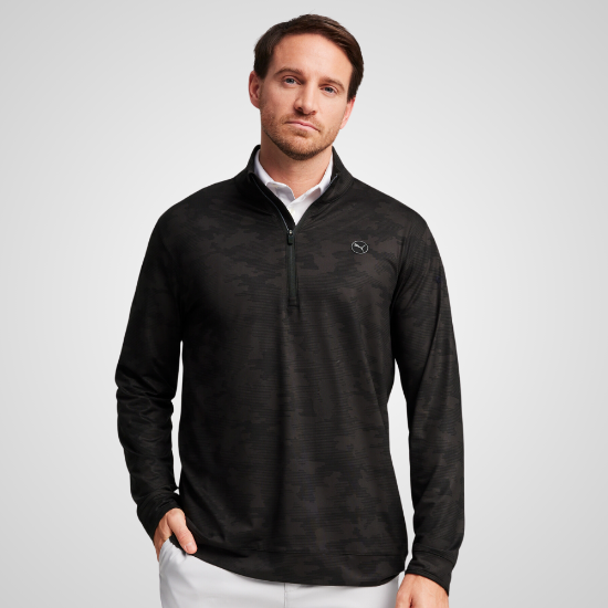 Model wearing Puma Men's Cloudspun Camo 1/4 Zip Black Golf Midlayer Front View