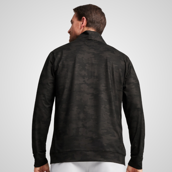 Model wearing Puma Men's Cloudspun Camo 1/4 Zip Black Golf Midlayer Back View