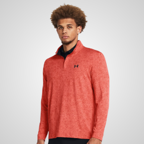 Model wearing Under Armour Men's Playoff Printed Coho Red 1/4 Zip Golf Midlayer Front View