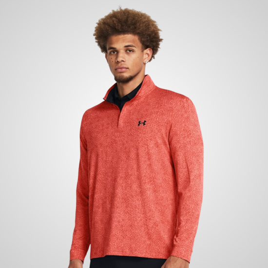 Model wearing Under Armour Men's Playoff Printed Coho Red 1/4 Zip Golf Midlayer Front View