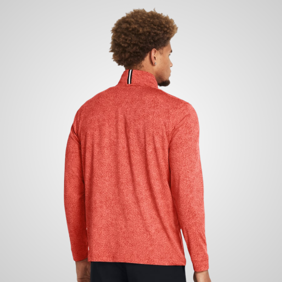 Model wearing Under Armour Men's Playoff Printed Coho Red 1/4 Zip Golf Midlayer Back View
