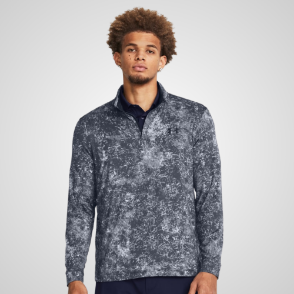 Model wearing Under Armour Men's Playoff Printed Grey 1/4 Zip Golf Midlayer Front View