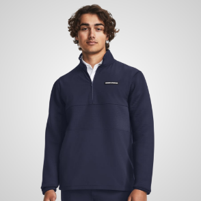 Model wearing Under Armour Men's Storm Daytona 1/2-Zip Navy Golf Jacket Front View