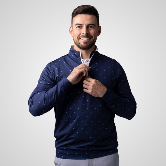 Model wearing Glenmuir Men's Wick Navy Golf Midlayer Front View