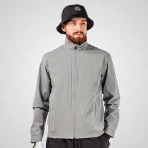 Model wearing Galvin Green Men's Arlie Gore-Tex Waterproof Grey Golf Jacket Front View