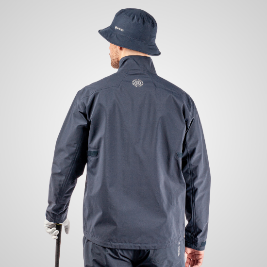 Model wearing Galvin Green Men's Ashford Gore-Tex Navy Golf Jacket Back View