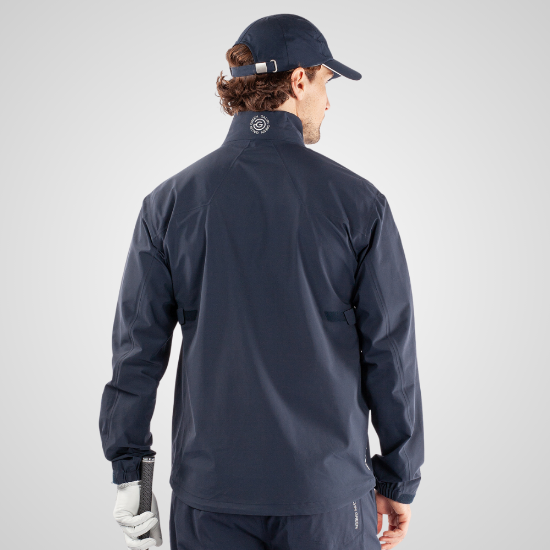 Model wearing Galvin Green Men's Armstrong Gore-Tex Navy & Blue Golf Jacket Back View