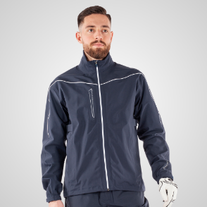 Model wearing Galvin Green Men's Armstrong Gore-Tex Navy & White Golf Jacket Front View