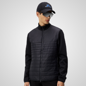 Model wearing J.Lindeberg Men's Martino Quilt Hybrid Black Golf Jacket Front View