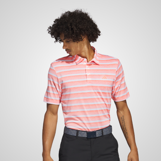 Model wearing adidas Men's Two Colour Stripe Coral Golf Polo Shirt Front View