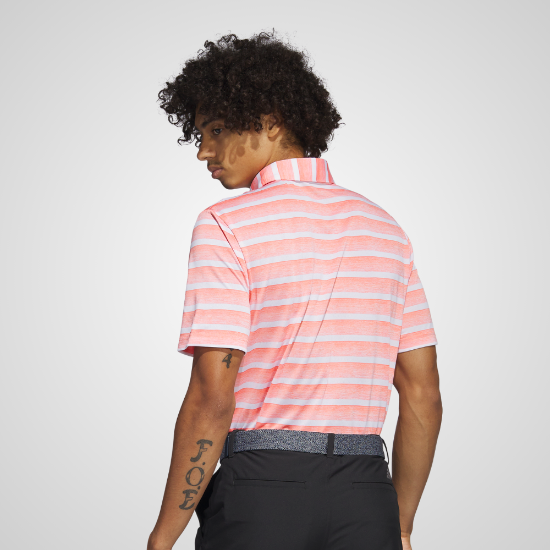 Model wearing adidas Men's Two Colour Stripe Coral Golf Polo Shirt Back View