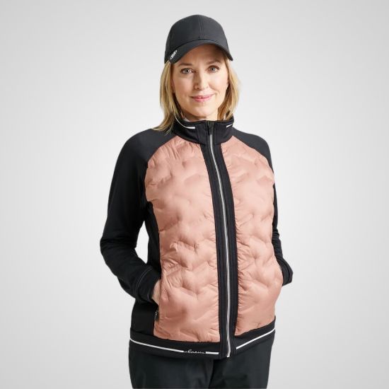 Model wearing Abacus Ladies Grove Hybrid Potpurry Golf Jacket Front View