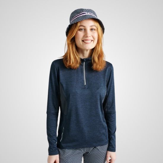 Model wearing Abacus Ladies Colinas Golf Midlayer Navy Front View