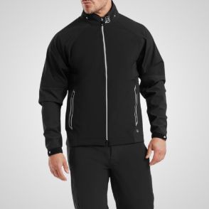 Model wearing FootJoy Men's HydroTour Golf Rain Jacket in Black