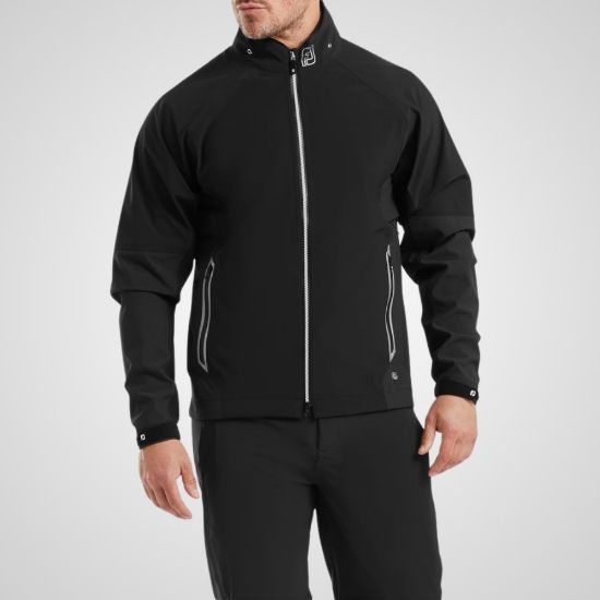 Model wearing FootJoy Men's HydroTour Golf Rain Jacket in Black