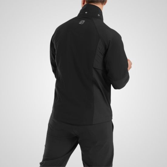 Model wearing FootJoy Men's HydroTour Golf Rain Jacket in Black Rear View