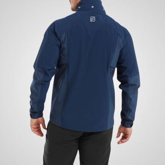 Model wearing FootJoy Men's HydroTour Golf Rain Jacket in Navy Rear View