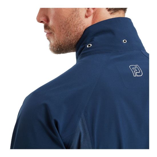 Model wearing FootJoy Men's HydroTour Golf Rain Jacket in Navy Rear View Shoulder Detail