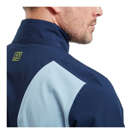 Model wearing FootJoy Men's Hydrolite X Golf Rain Jacket Navy/Slate Rear Detail View