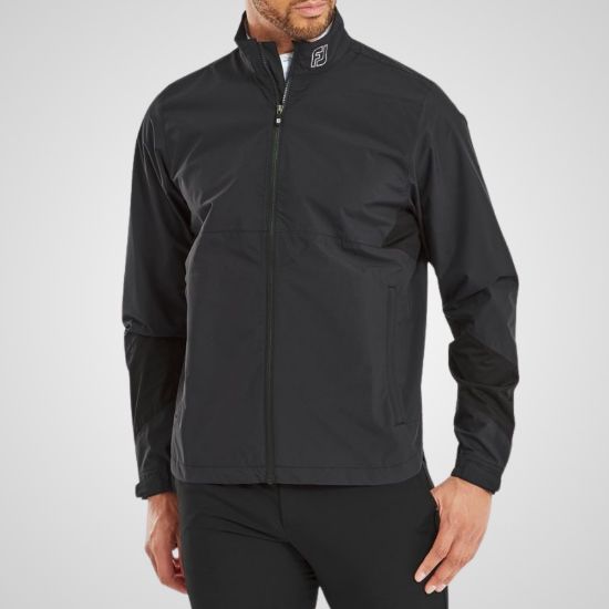 Model wearing FootJoy Men's Hydrolite X Golf Rain Jacket Black Front View