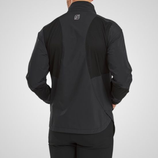 Model wearing FootJoy Men's Hydrolite X Golf Rain Jacket Black Rear View