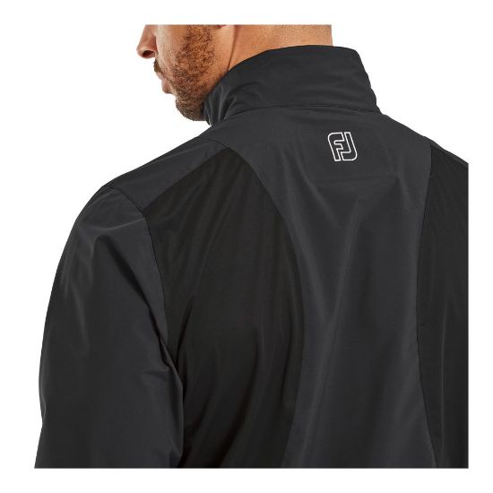 Model wearing FootJoy Men's Hydrolite X Golf Rain Jacket Black Rear Detail View