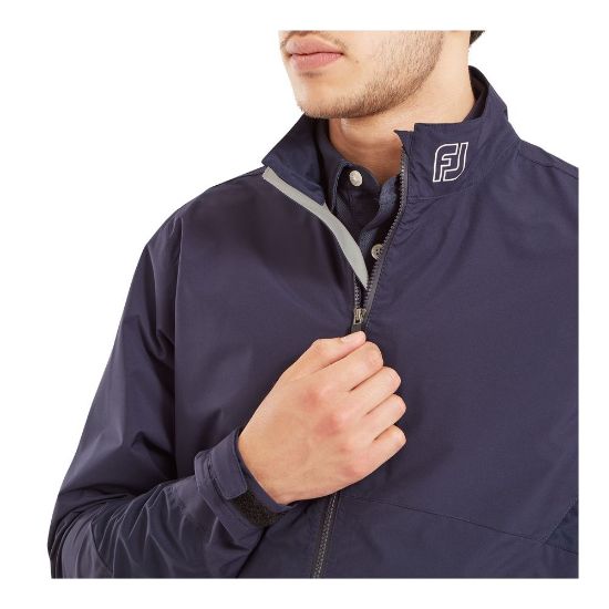 Model wearing FootJoy Men's Hydrolite X Golf Rain Jacket Navy Front Detail View