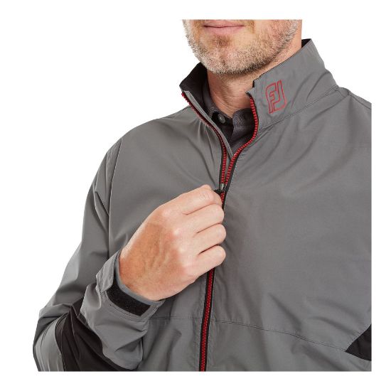 Model wearing FootJoy Men's Hydrolite X Golf Rain Jacket Charcoal Front Detail View