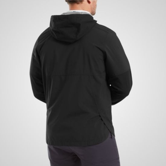 Model wearing FootJoy Men's Hydrolite X Golf Rain Hoodie Black Rear View