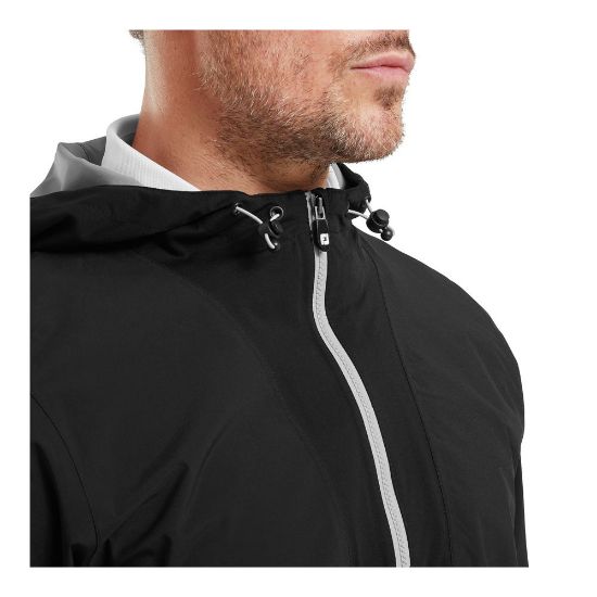 Model wearing FootJoy Men's Hydrolite X Golf Rain Hoodie Black Front View Detail